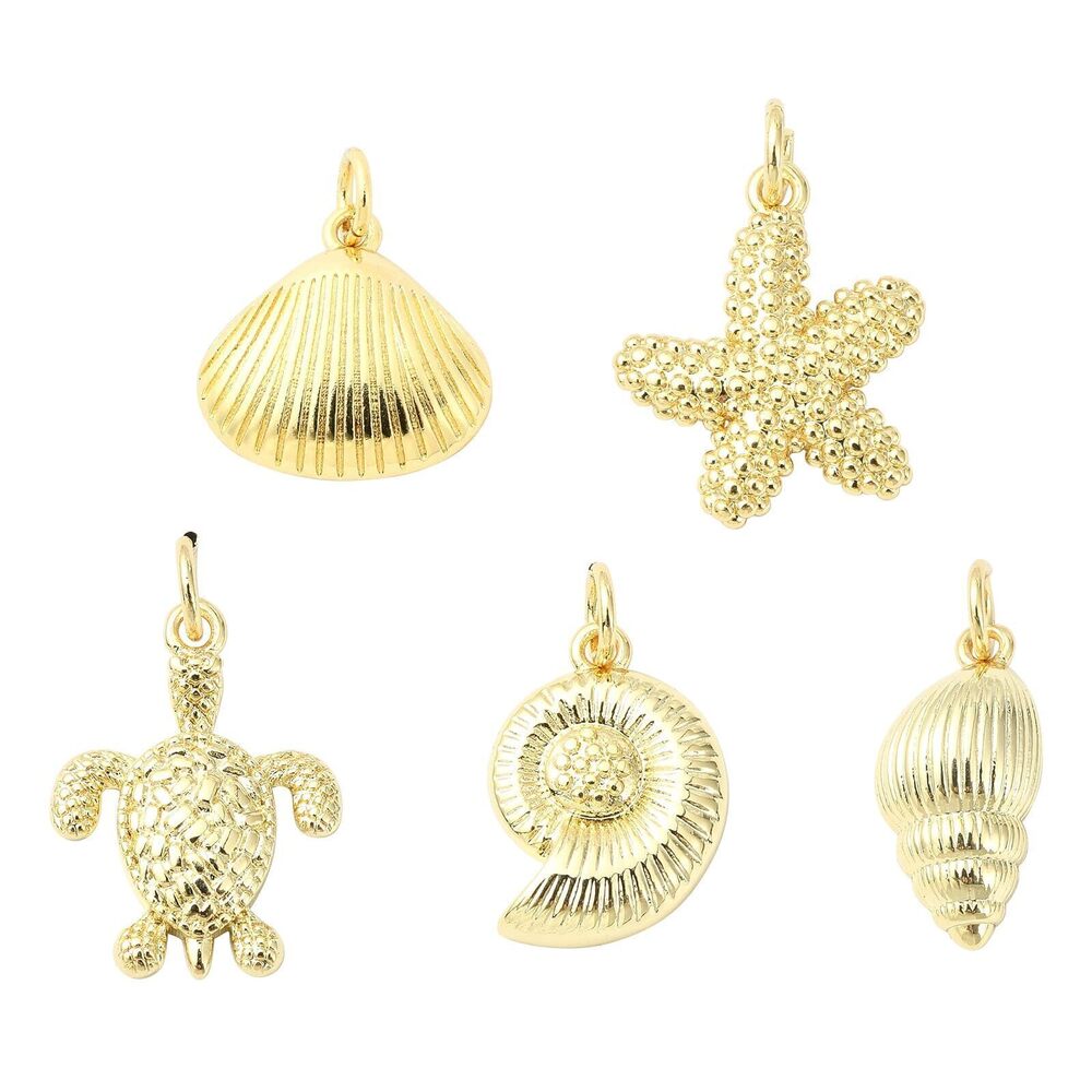 5638 10 pcs 5 Styles Sea Animal Theme Brass Charms Starfish Turtle Conch
